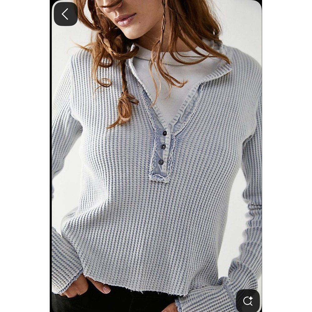 Free People One Step Ahead Henley Top Light Blue Waffle Knit Cotton Small